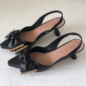 Anthropologie Vicenza Cartagena Sling Back Knot Black Leather Heels Sz 39